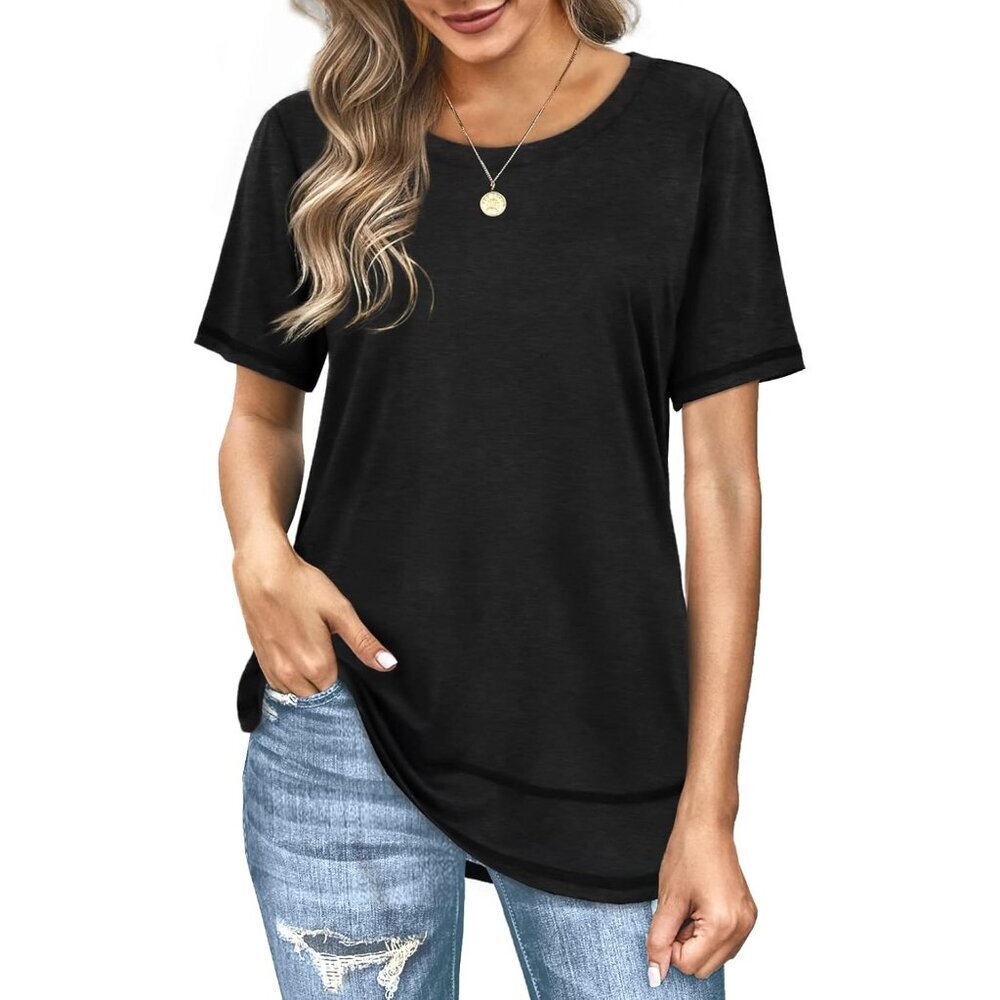 Women's Short Sleeve Summer T-Shirt Curved Hem Casual Beach Vacation Top